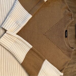 Tan and Cream Women's Crew Neck Sweater